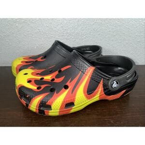 RARE Crocs Fire/Flame Graphic Slip On Clog Black/Red/Yellow - Size 5M/7W EUC